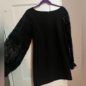 Black shift mini dress with lace balloon sleeves